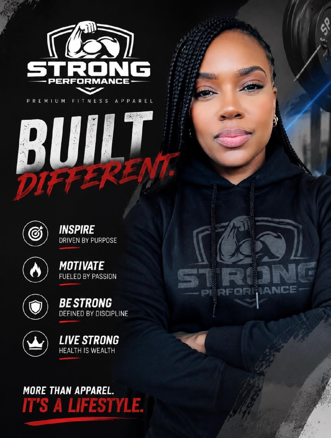 Person wearing a black hoodie with 'Strong Performance' branding, surrounded by gym equipment.